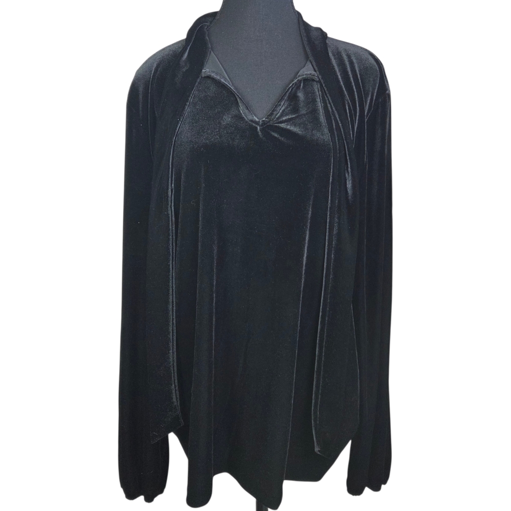 Talbots Black Velvet Blouse V Neck Blouse With Tie Size XL
